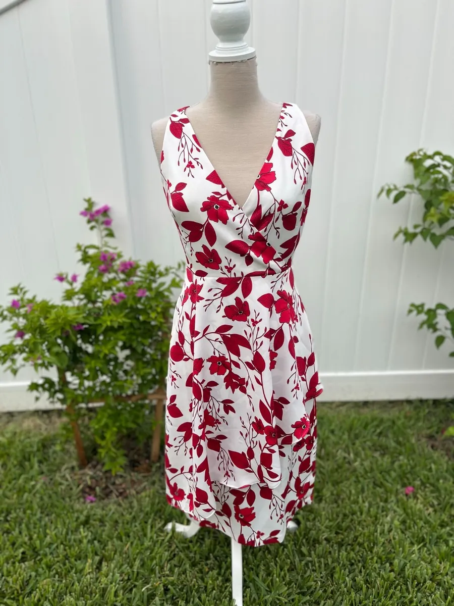 White Wrap Dress With Red Flowers