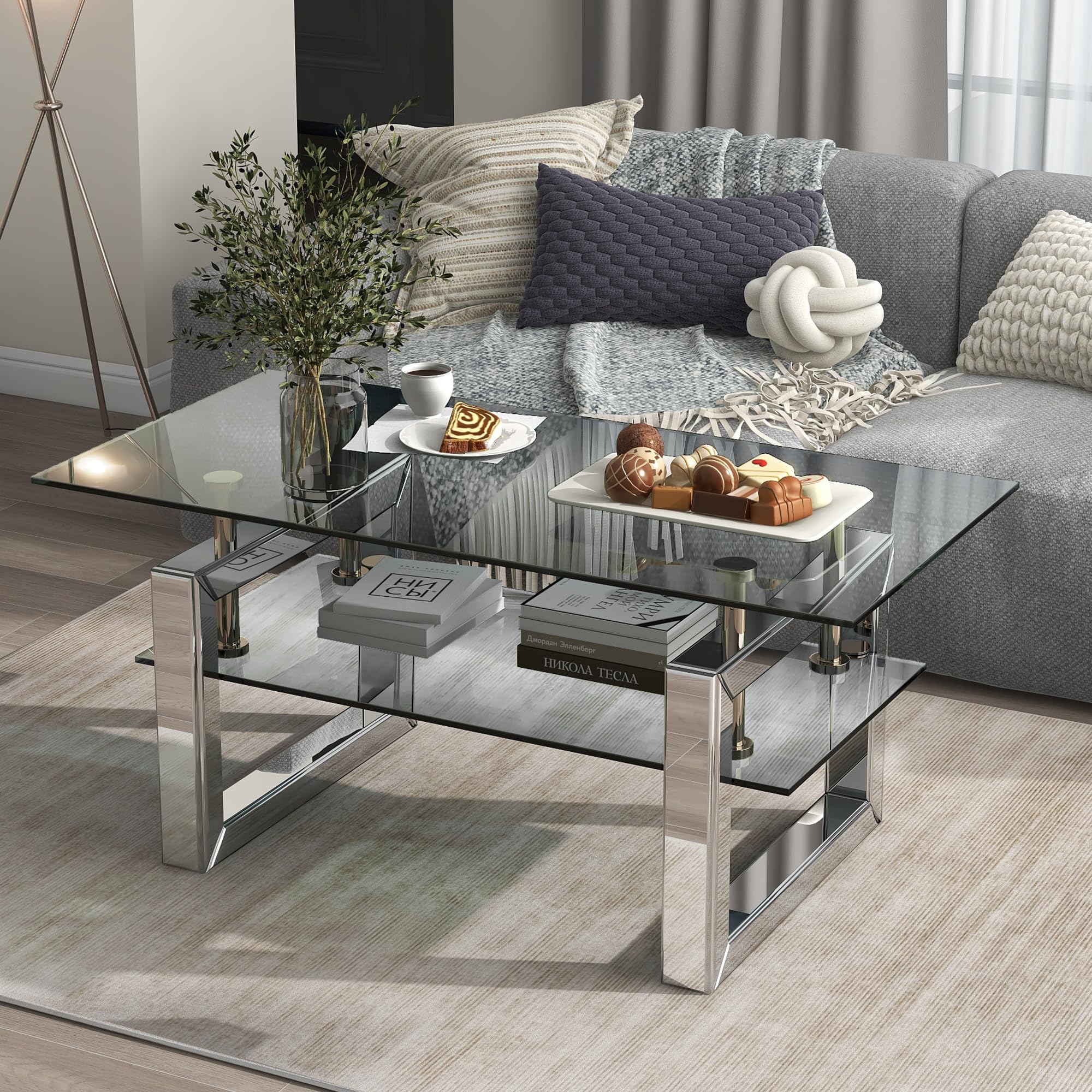 Mirrored Glass Coffee Table Set